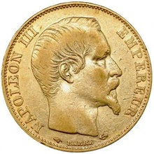 フランス帝国 1856年A 20フラン金貨 ナポレオン3世 無冠 パリミント