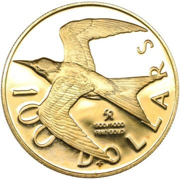 イギリス・バージン諸島 1975年 100ドル金貨 プルーフ エリザベス2世 ヤングバスト かもめデザイン FDC完全未使用