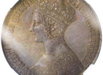 イギリス1847年ビクトリアヴィクトリア ゴチックゴシッククラウン銀貨Undecimo on edge NGC PF58