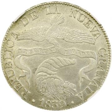 コロンビア ヌエバ・グラナダ 1839年 8レアレス銀貨 ボゴタミント NGC MS61 希少コンディション テスト山