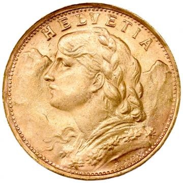 スイス 1935年L-B アルプスと少女 ブレネリ ヘルベティア 20フラン金貨 ベルンミントUNC 未使用